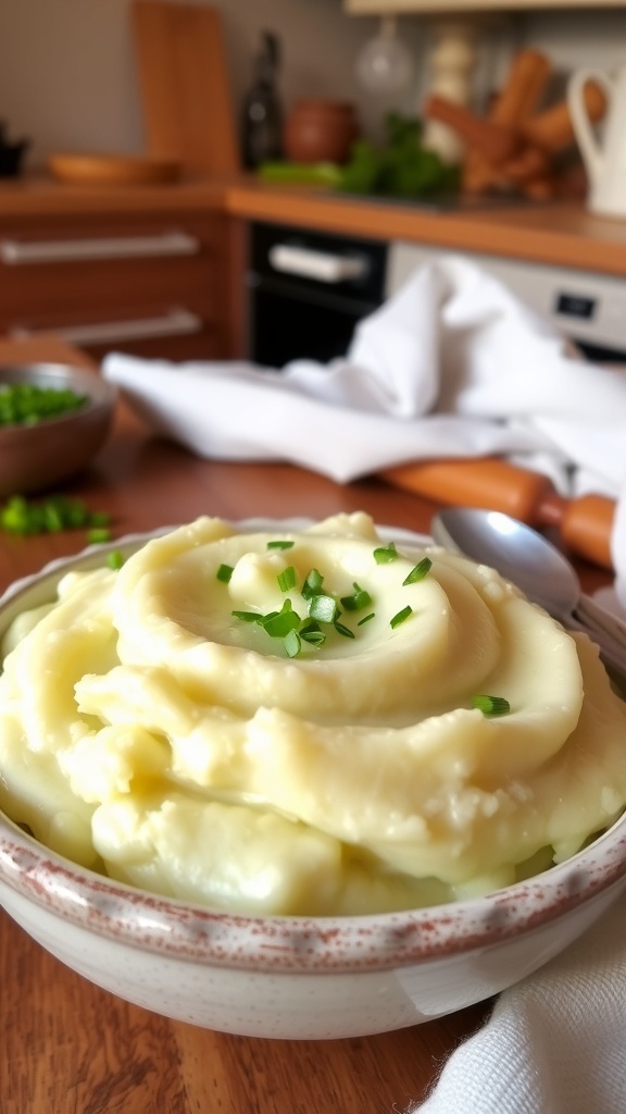 A bowl of creamy mashed kohlrabi garnished with chives on a wooden table.